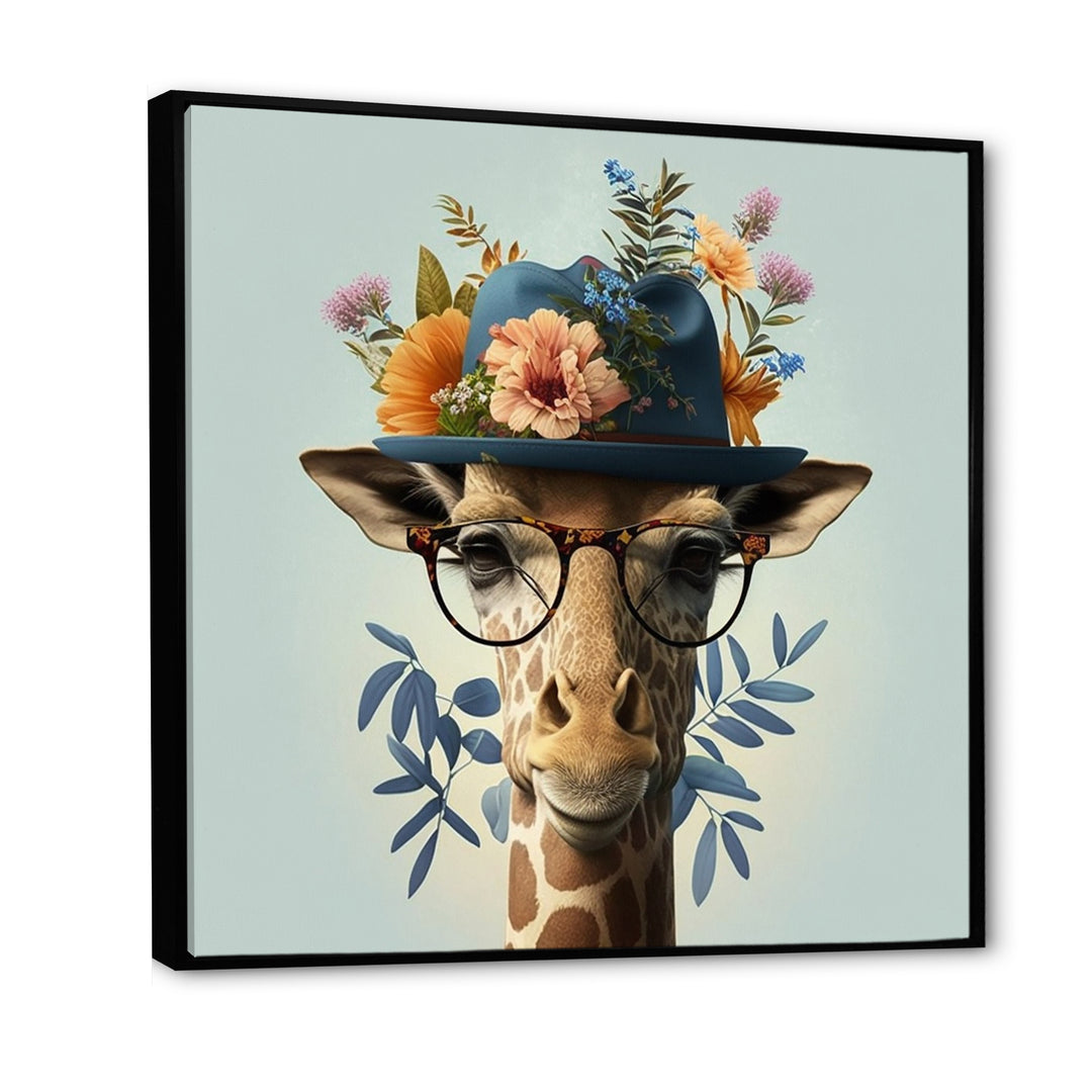 Portrait Of Giraffe With Glasses And A Hat - Giraffe Canvas Wall Art
