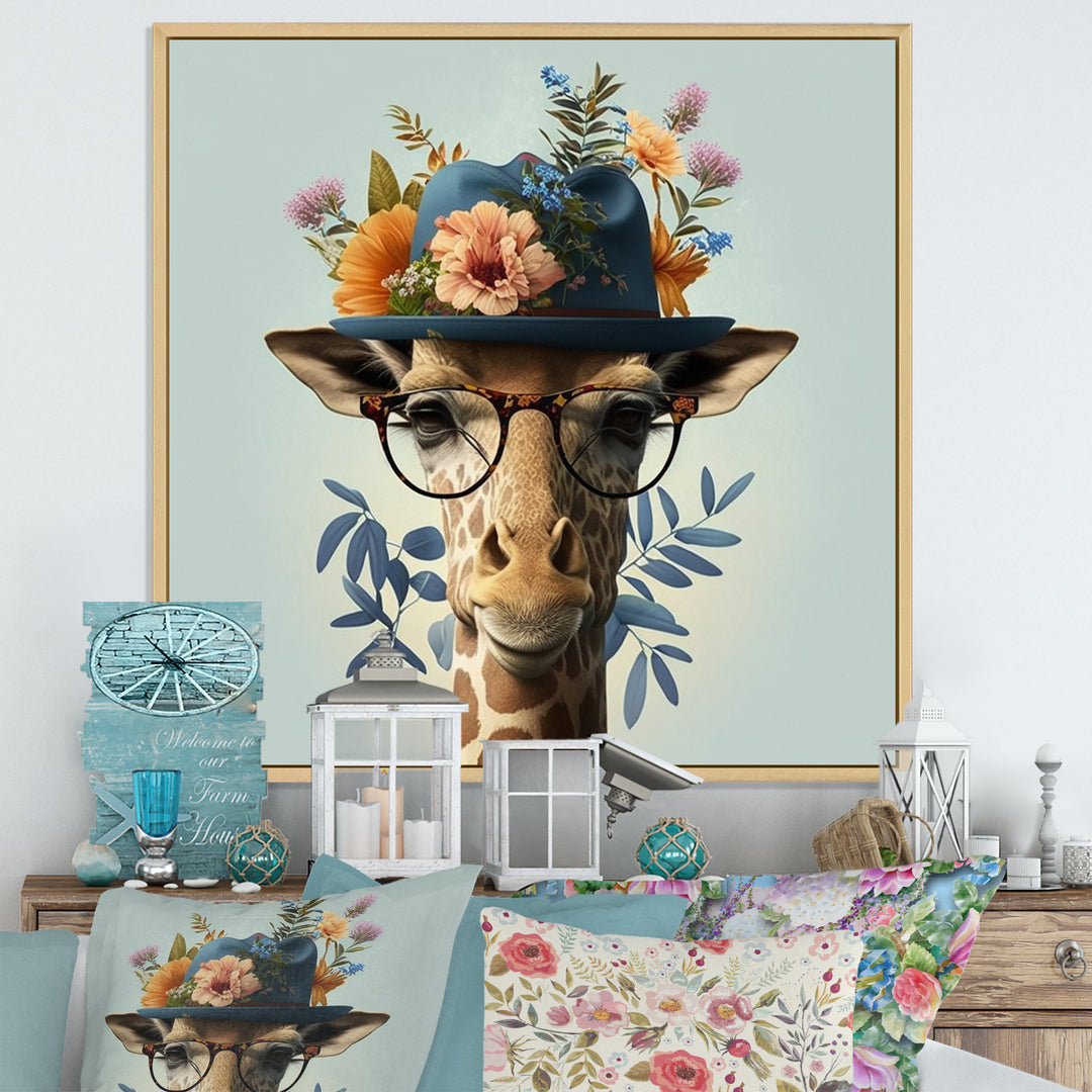 Portrait Of Giraffe With Glasses And A Hat - Giraffe Canvas Wall Art