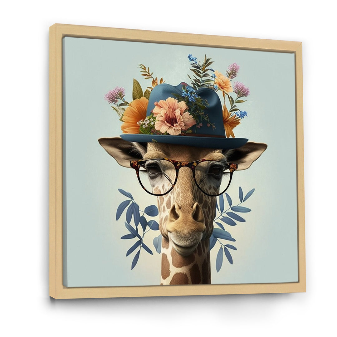 Portrait Of Giraffe With Glasses And A Hat - Giraffe Canvas Wall Art