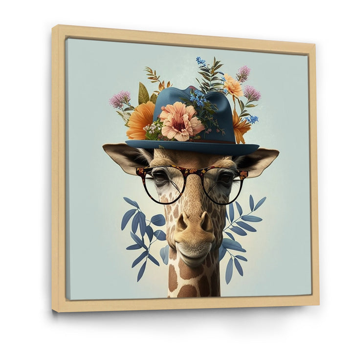 Portrait Of Giraffe With Glasses And A Hat - Giraffe Canvas Wall Art