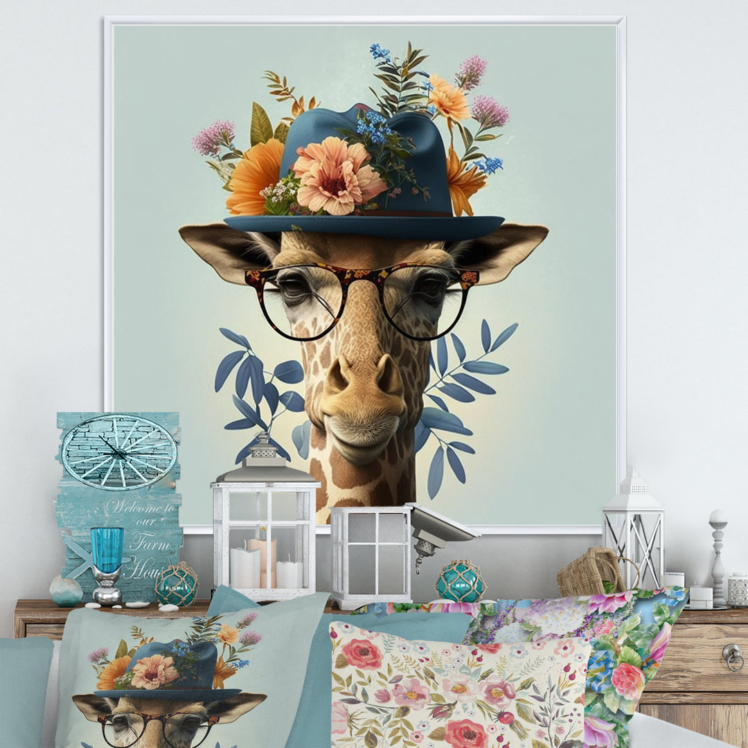 Portrait Of Giraffe With Glasses And A Hat - Giraffe Canvas Wall Art