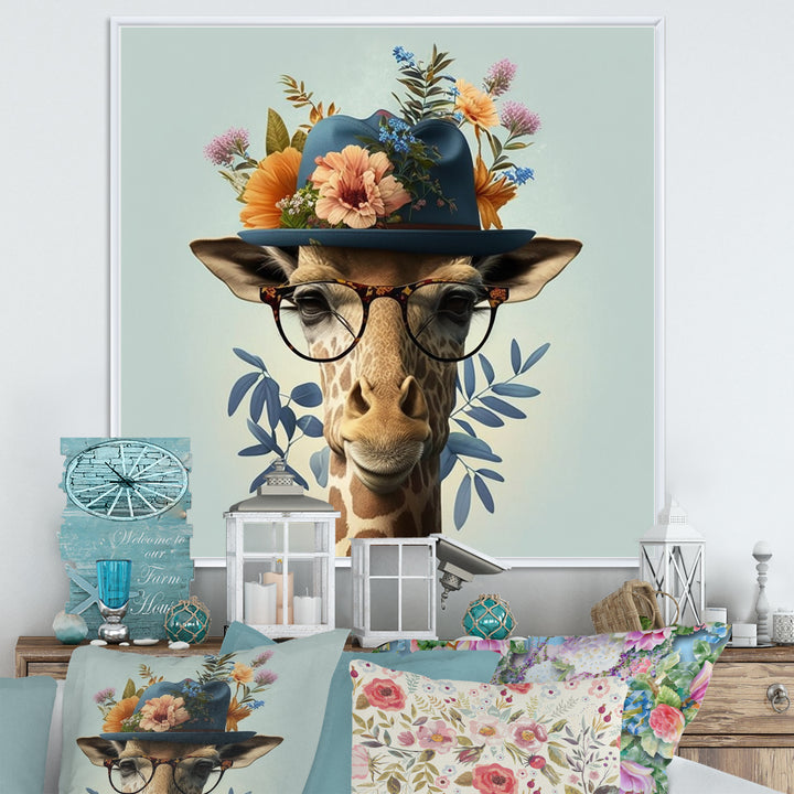 Portrait Of Giraffe With Glasses And A Hat - Giraffe Canvas Wall Art