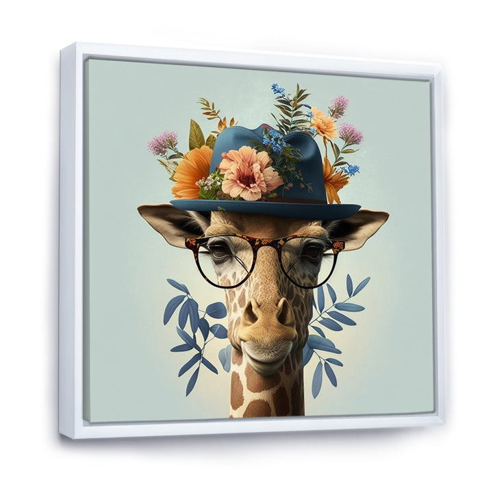 Portrait Of Giraffe With Glasses And A Hat - Giraffe Canvas Wall Art