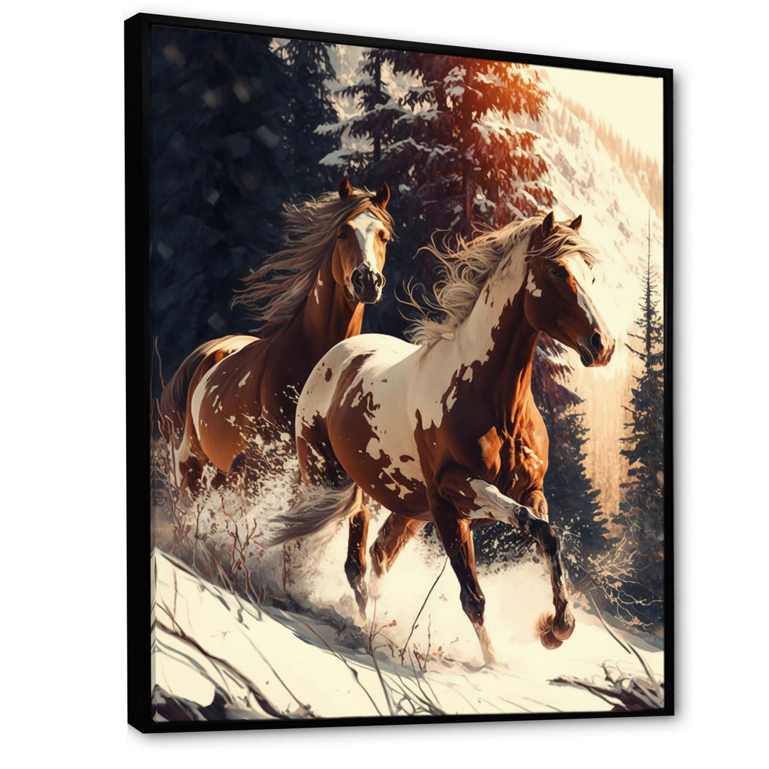 Wild Horses Galloping Winter Scene - Brown Horse Wall Art
