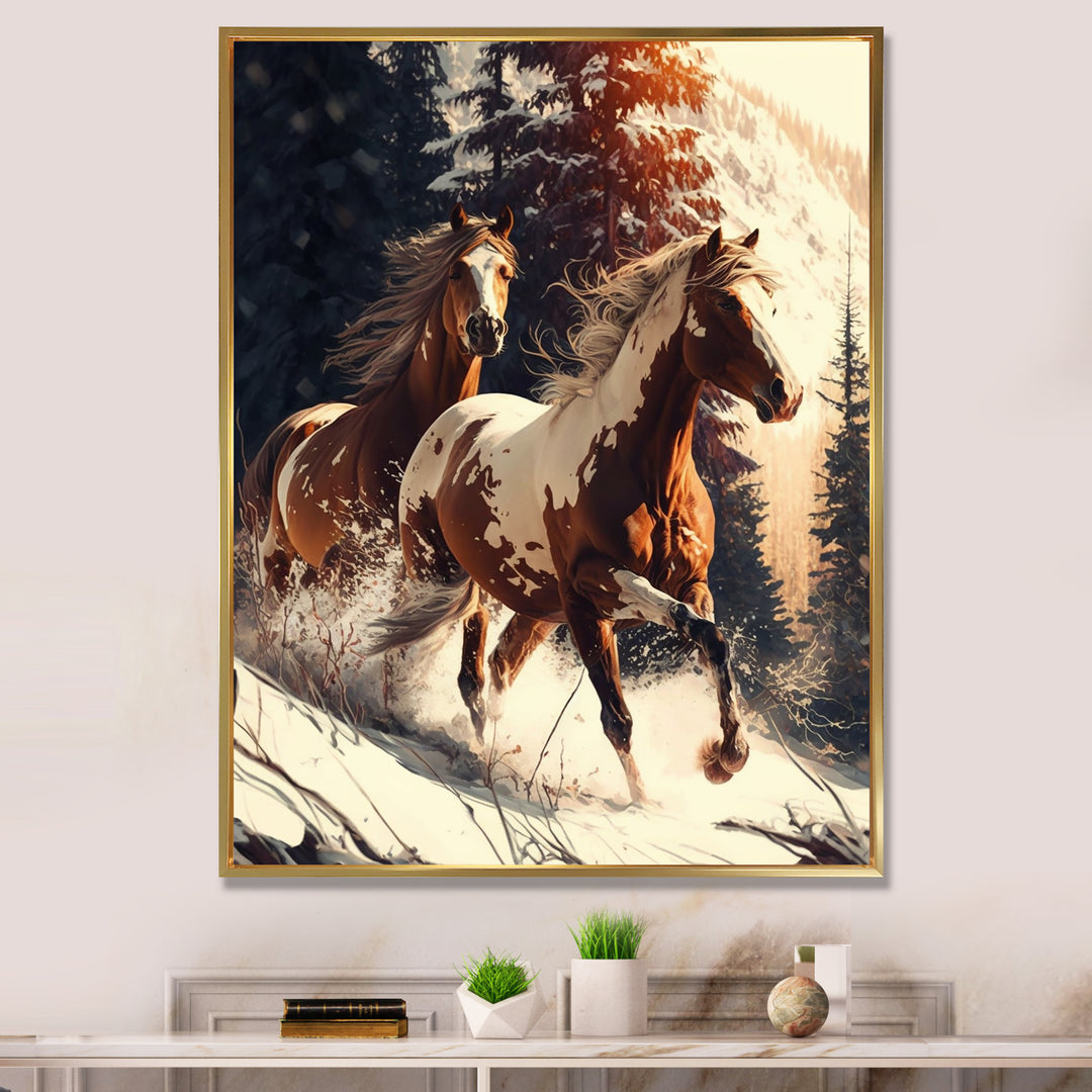 Wild Horses Galloping Winter Scene - Brown Horse Wall Art