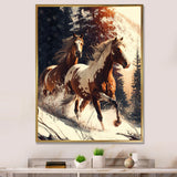 Wild Horses Galloping Winter Scene - Brown Horse Wall Art