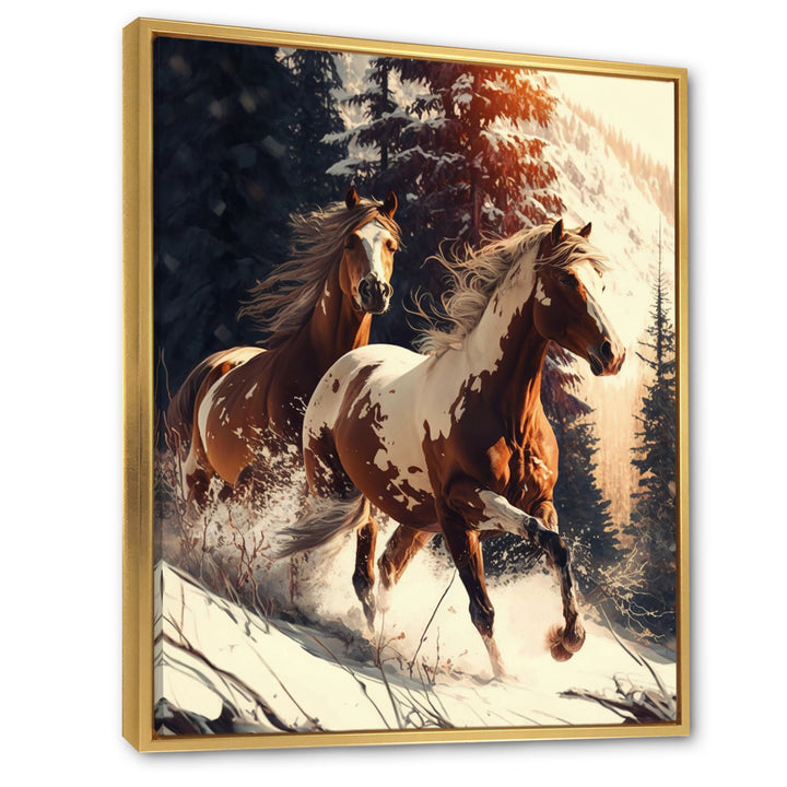 Wild Horses Galloping Winter Scene - Brown Horse Wall Art