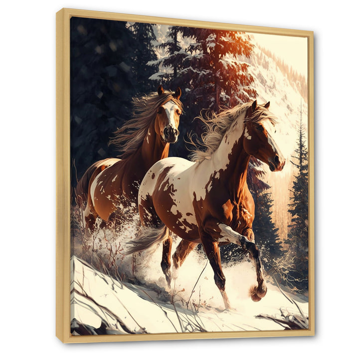 Wild Horses Galloping Winter Scene - Brown Horse Wall Art