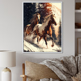 Wild Horses Galloping Winter Scene - Brown Horse Wall Art