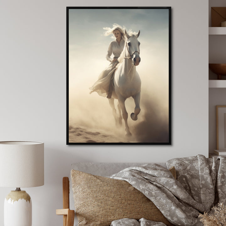 White Horse With Rider Galloping Desert Scene - Horse Framed Canvas Art