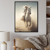 White Horse With Rider Galloping Desert Scene - Horse Framed Canvas Art