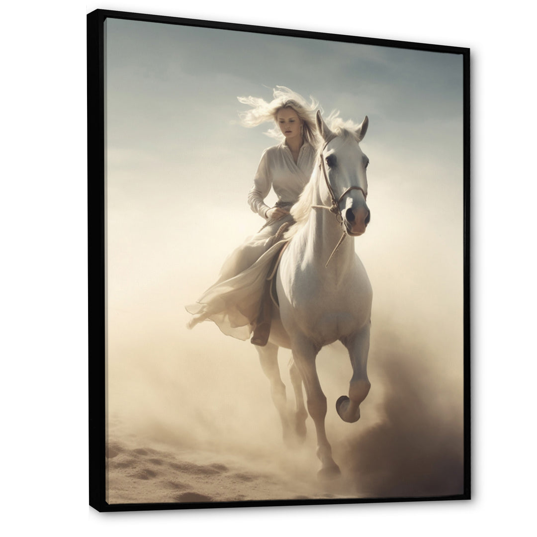 White Horse With Rider Galloping Desert Scene - Horse Framed Canvas Art
