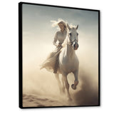 White Horse With Rider Galloping Desert Scene - Horse Framed Canvas Art