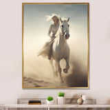 White Horse With Rider Galloping Desert Scene - Horse Framed Canvas Art