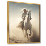White Horse With Rider Galloping Desert Scene - Horse Framed Canvas Art