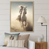 White Horse With Rider Galloping Desert Scene - Horse Framed Canvas Art