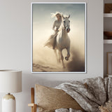 White Horse With Rider Galloping Desert Scene - Horse Framed Canvas Art