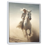 White Horse With Rider Galloping Desert Scene - Horse Framed Canvas Art