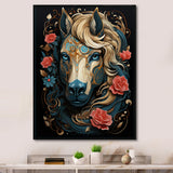 Retro Portrait Of White Horse With Red Roses - Horse Wall Art Prints