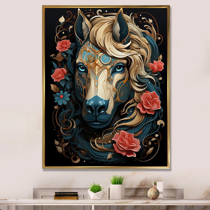 Retro Portrait Of White Horse With Red Roses - Horse Wall Art Prints
