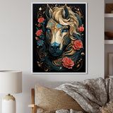 Retro Portrait Of White Horse With Red Roses - Horse Wall Art Prints