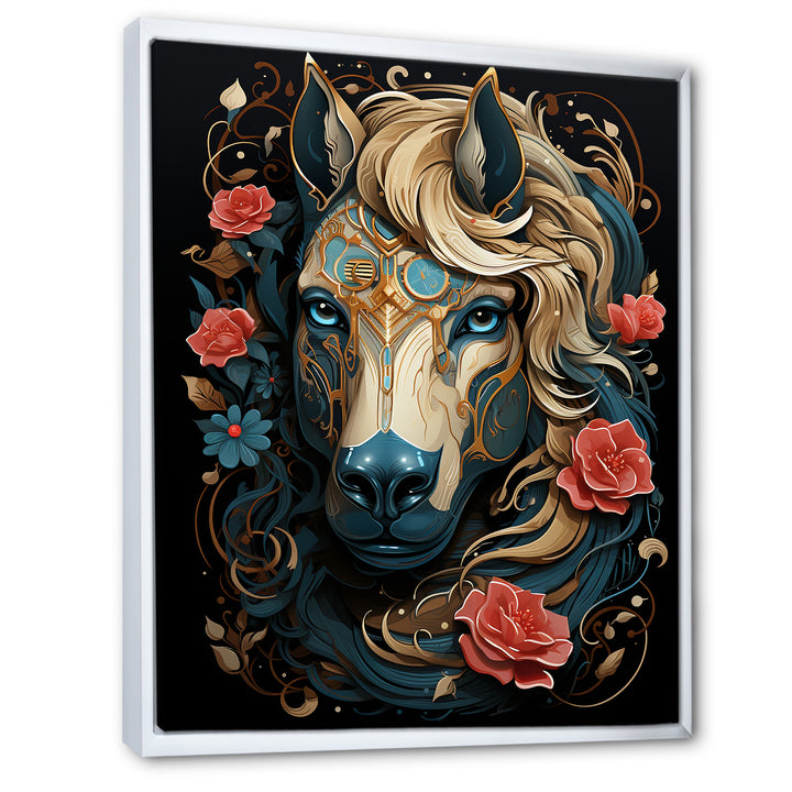 Retro Portrait Of White Horse With Red Roses - Horse Wall Art Prints