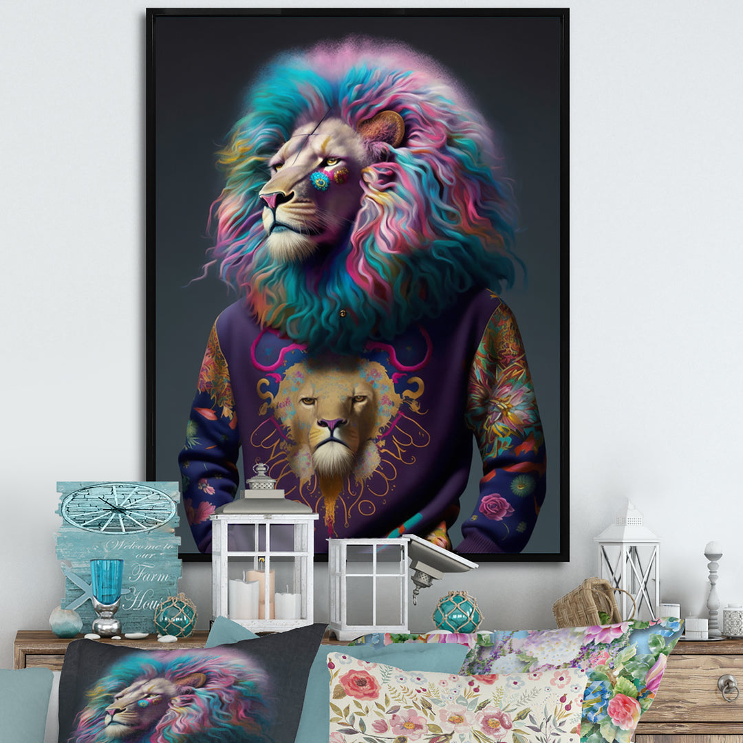 Cool Lion With Flamboyant Sweater - Blue Lion Wall Art