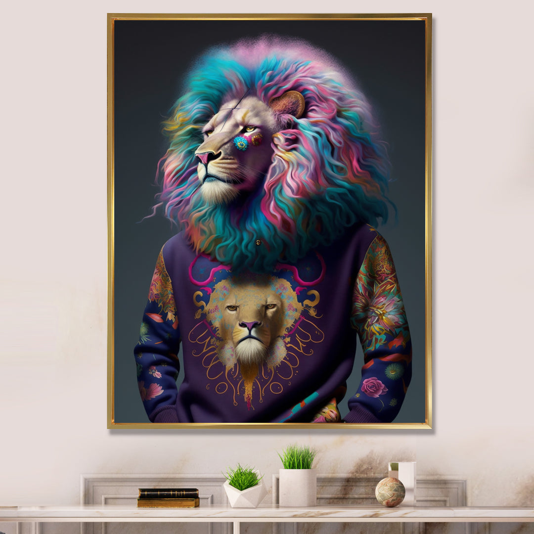 Cool Lion With Flamboyant Sweater - Blue Lion Wall Art