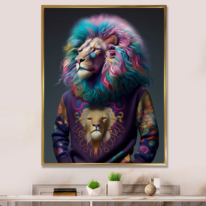 Cool Lion With Flamboyant Sweater - Blue Lion Wall Art