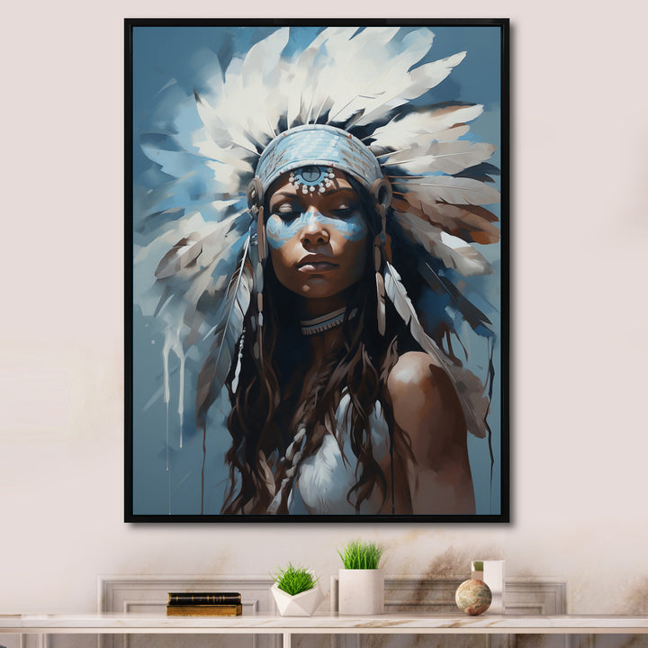 Vintage Portrait Female Native Feather Headdress - Lion Framed Canvas Art
