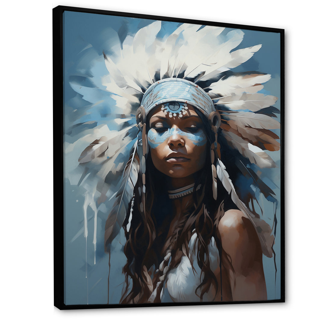 Vintage Portrait Female Native Feather Headdress - Lion Framed Canvas Art