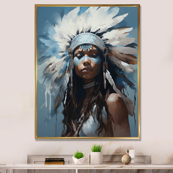 Vintage Portrait Female Native Feather Headdress - Lion Framed Canvas Art