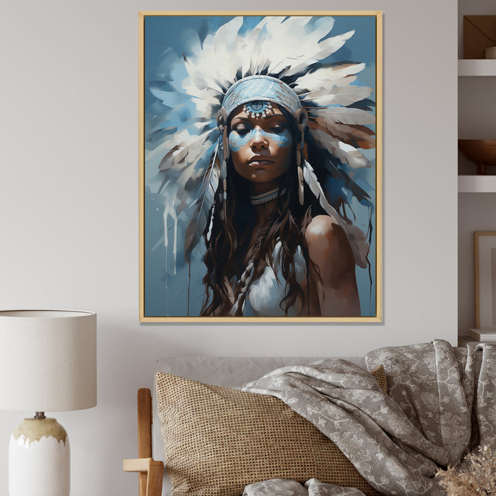 Vintage Portrait Female Native Feather Headdress - Lion Framed Canvas Art