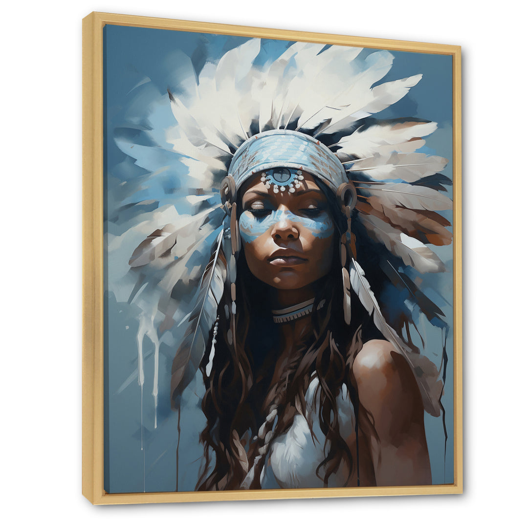 Vintage Portrait Female Native Feather Headdress - Lion Framed Canvas Art