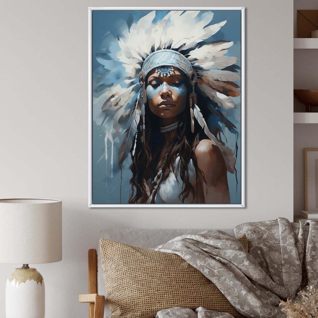 Vintage Portrait Female Native Feather Headdress - Lion Framed Canvas Art