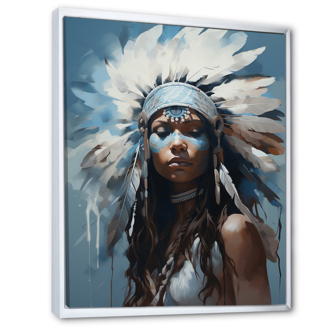 Vintage Portrait Female Native Feather Headdress - Lion Framed Canvas Art