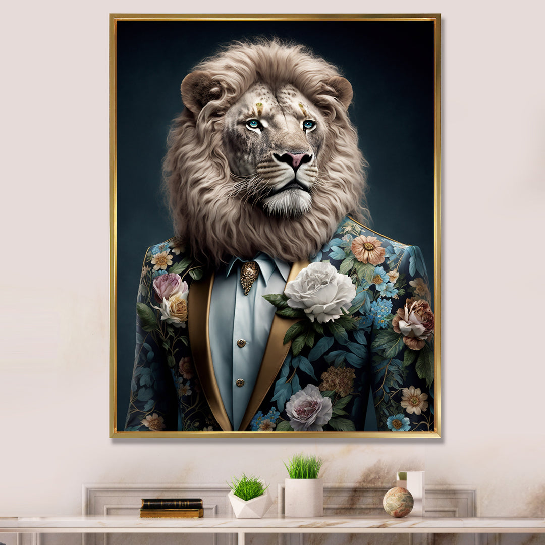 Glamorous Fashion Lion With Flower Suit - Lion Large Canvas Wall Art