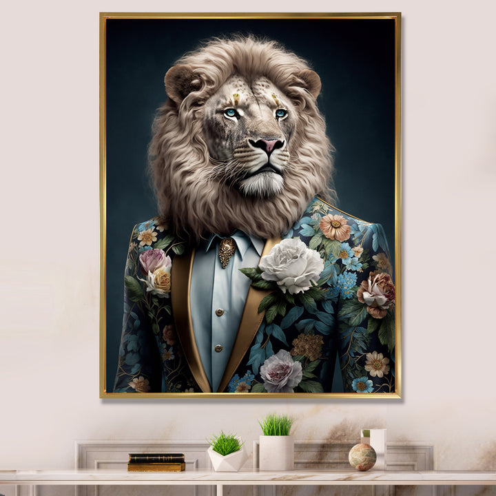 Glamorous Fashion Lion With Flower Suit - Lion Large Canvas Wall Art