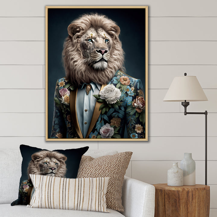 Glamorous Fashion Lion With Flower Suit - Lion Large Canvas Wall Art