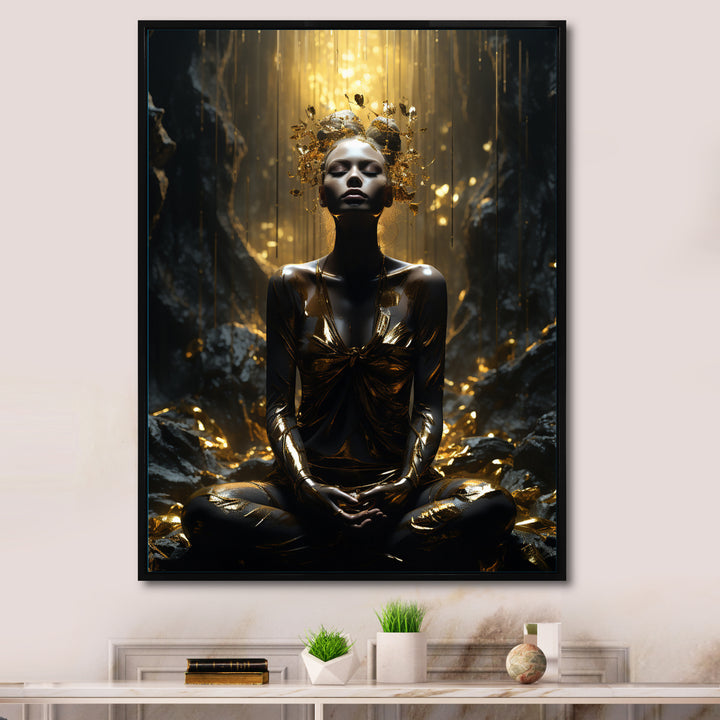 Mystical Woman Meditating Sunny Enchanted Forest - Lion Bedroom Wall Art
