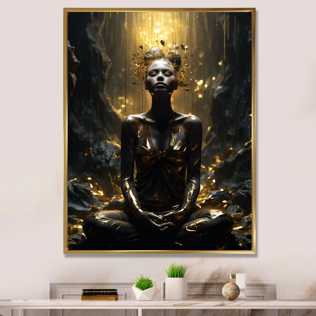 Mystical Woman Meditating Sunny Enchanted Forest - Lion Bedroom Wall Art