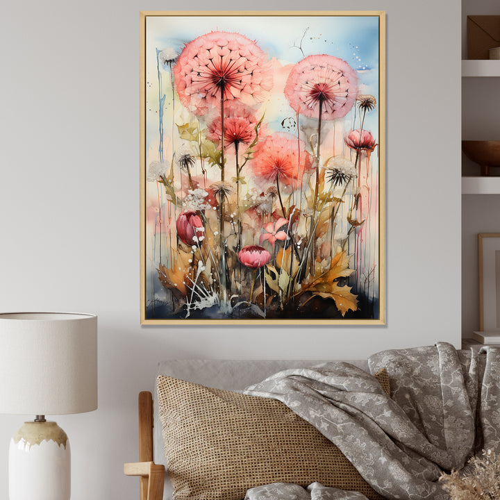 Pink Dandelion Retro Flower Illustration - Lion Canvas Wall Art
