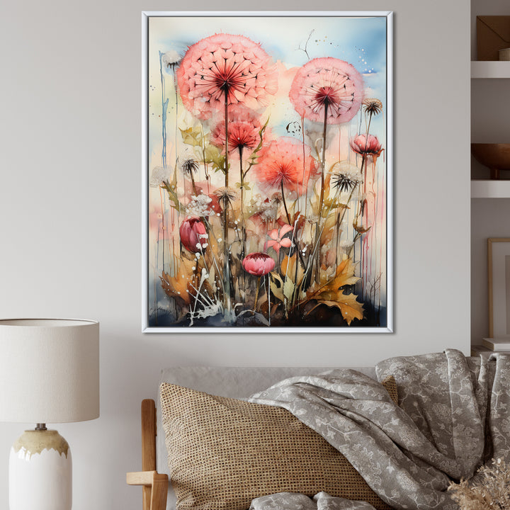 Pink Dandelion Retro Flower Illustration - Lion Canvas Wall Art