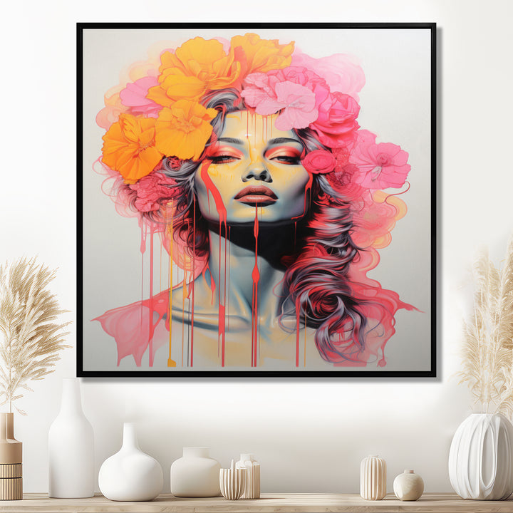 Vintage Iconic Portrait Pink Yellow Flower Woman - Lion Wall Art Prints
