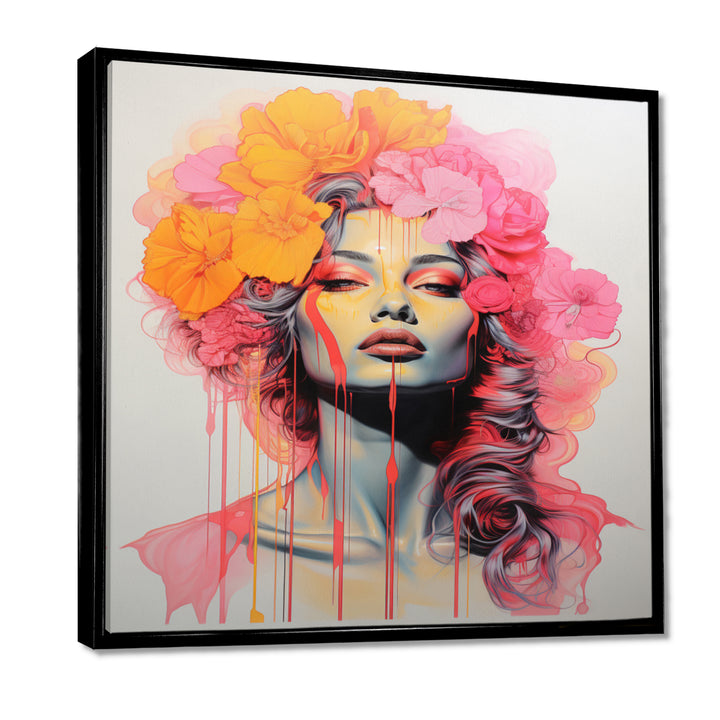 Vintage Iconic Portrait Pink Yellow Flower Woman - Lion Wall Art Prints