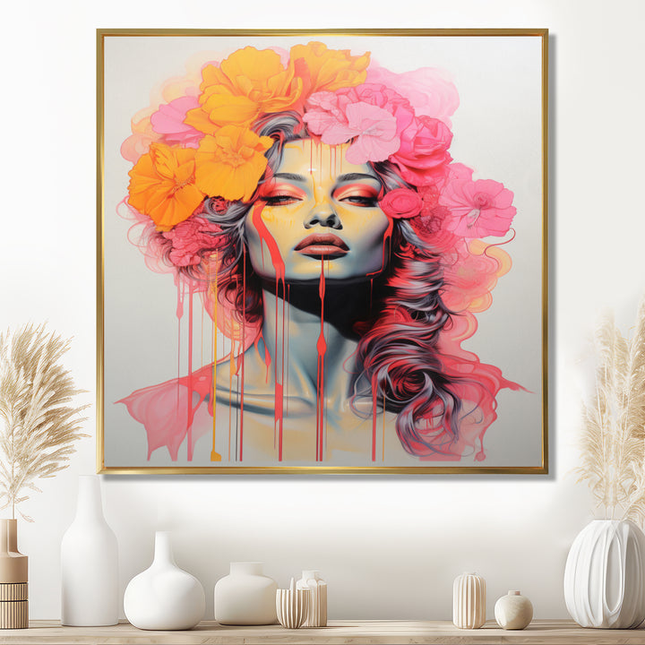 Vintage Iconic Portrait Pink Yellow Flower Woman - Lion Wall Art Prints