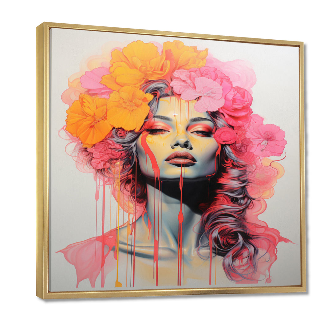 Vintage Iconic Portrait Pink Yellow Flower Woman - Lion Wall Art Prints