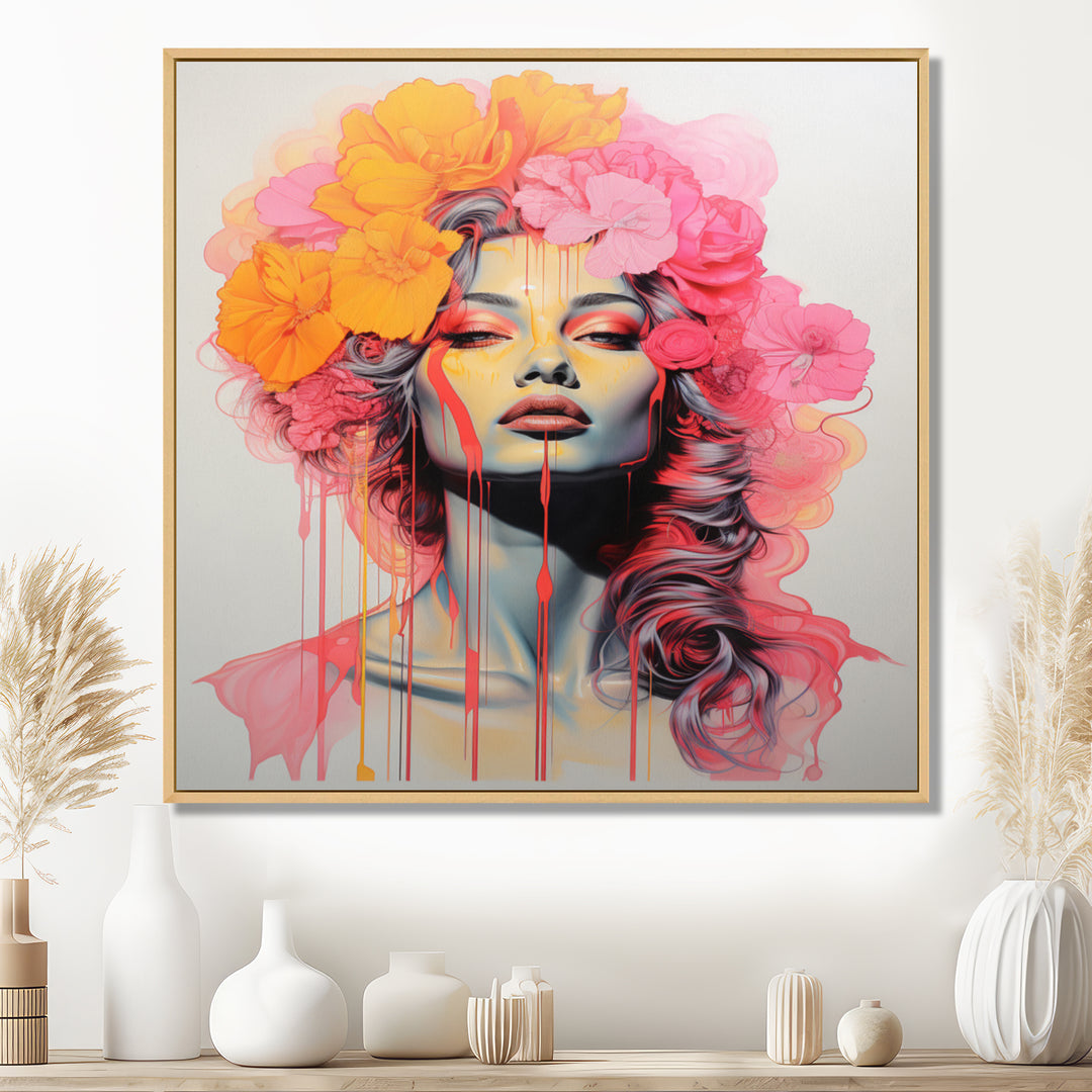Vintage Iconic Portrait Pink Yellow Flower Woman - Lion Wall Art Prints
