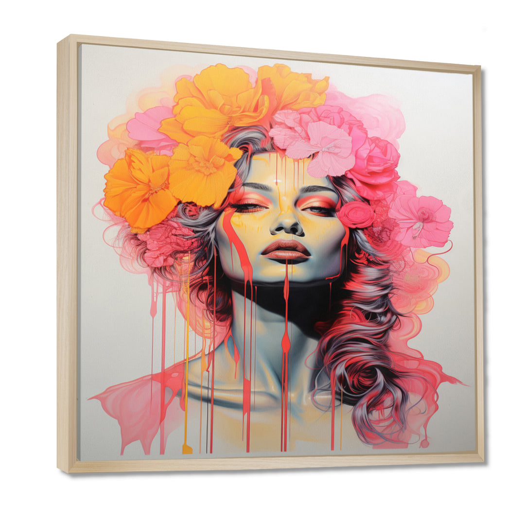 Vintage Iconic Portrait Pink Yellow Flower Woman - Lion Wall Art Prints