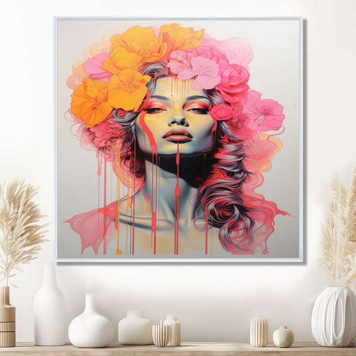 Vintage Iconic Portrait Pink Yellow Flower Woman - Lion Wall Art Prints